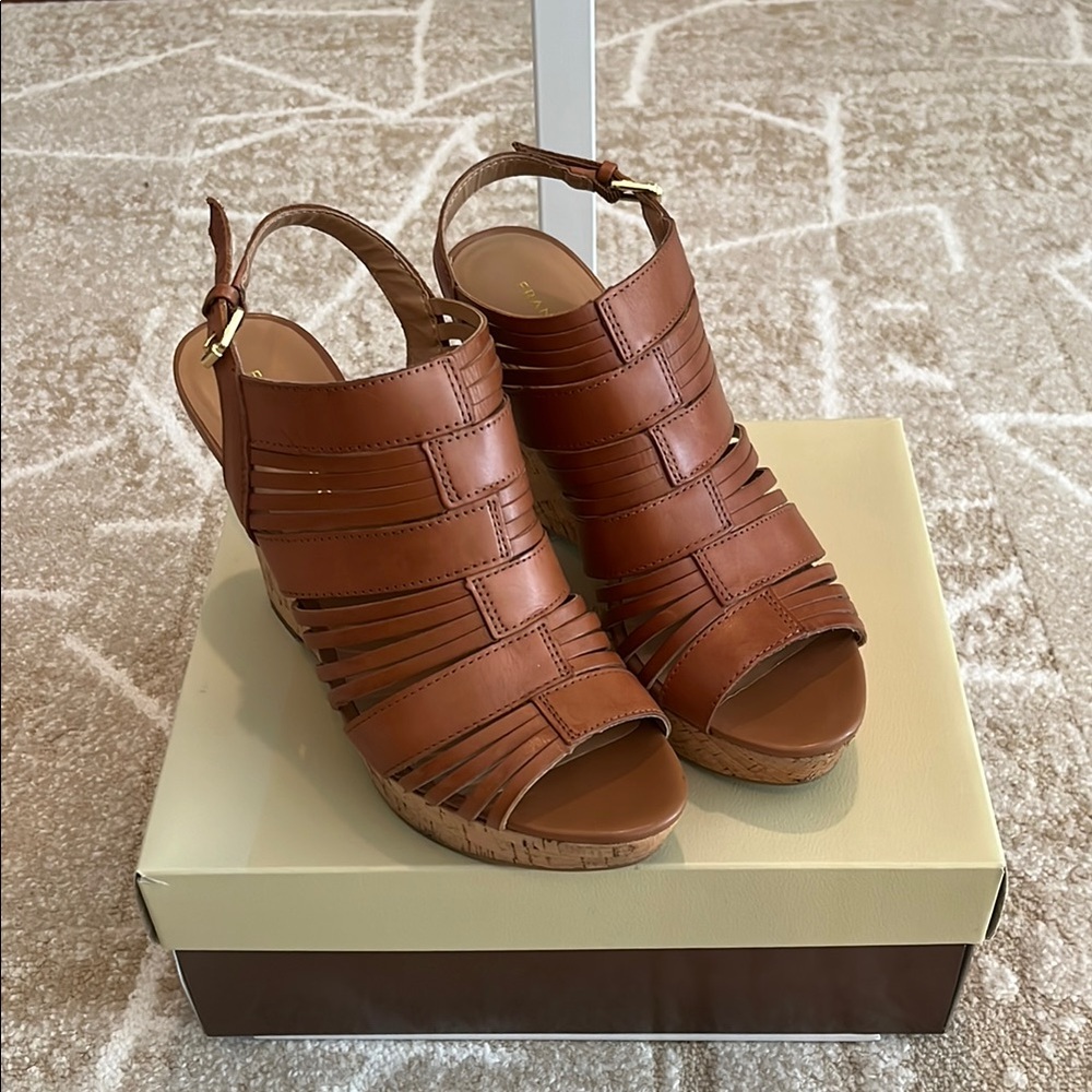 Franco Sarto Sharp, Almond LE Leather Cork Wedge Sandal  Size 10